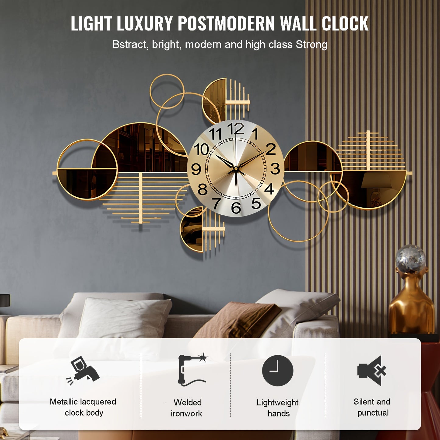 Metal Wall Clock Decorative 3D Metal Wall Art Clock For Living Room Bedroom Creative Modern Big Wall Clock Decor With Silent No-Ticking 34 X 17 Inch