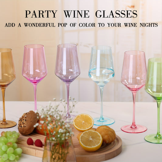 Colored Wine Glasses Set of 6-14oz, Unfading Color, Hand-Blown, Thin Rim, Stemmed Colorful Wine Glasses -Birthday Gifts for Wine Lovers, Wedding Engagement Gifts, Multicolor Wine Glasses