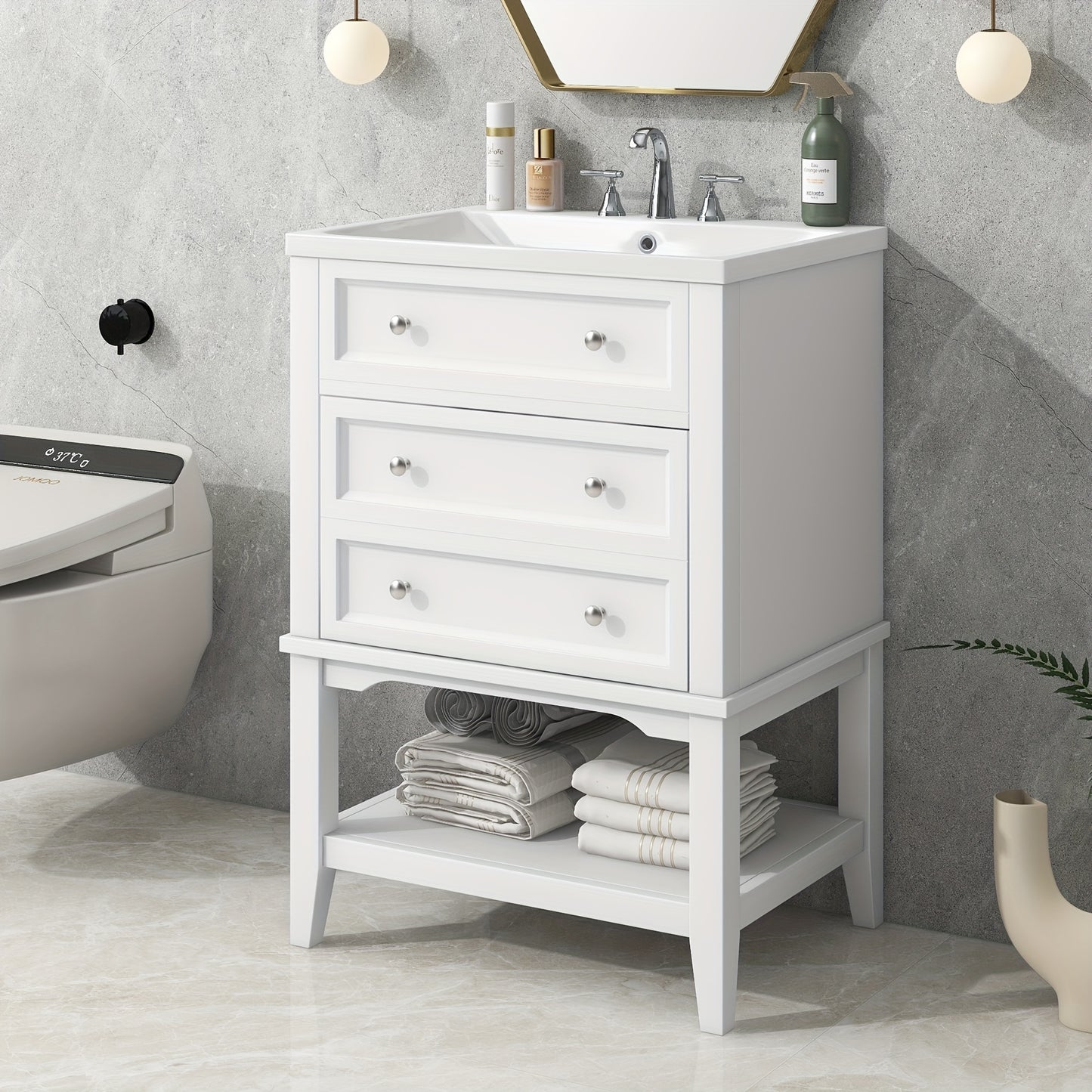 24 Inch Bathroom Vanity with Sink, Solid Wood Frame Storage Cabinet, Freestanding, White