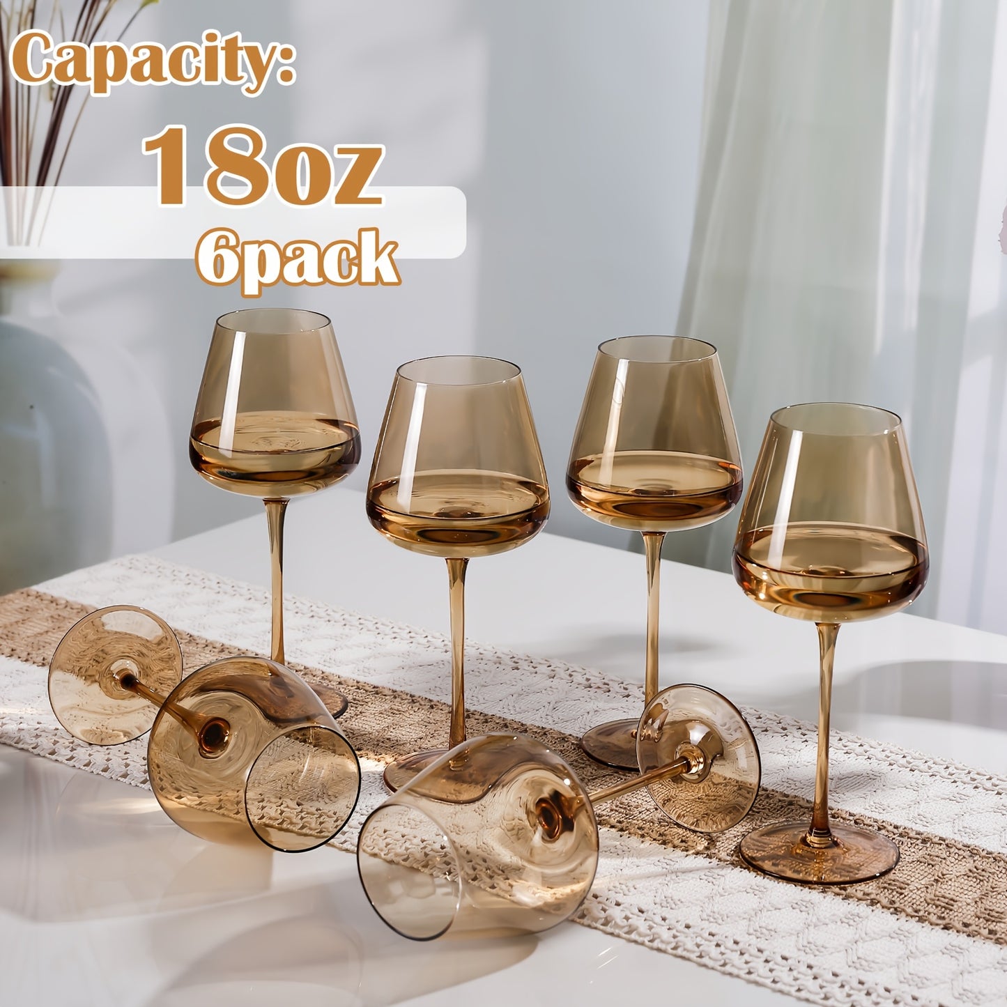 Amber Wine Glasses Set 6-18oz[Hand-Blown] Unique Wine Glasses, Crystal Amber Wine Glass Set, Amber Glassware Drinking Glasses For Red White Wine For Christmas Bar Party