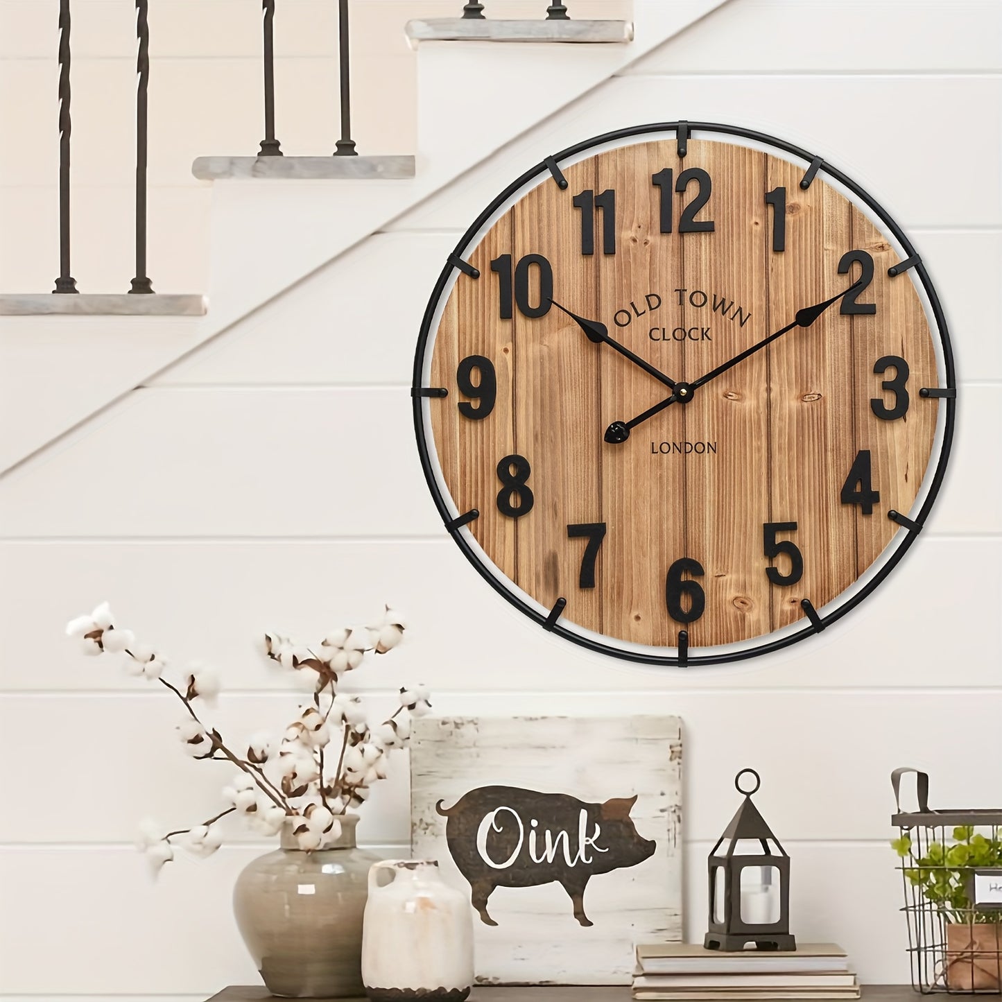 1pc Large 24 Inch Rustic Antique Wood Wall Clock with Metal Circle & Large Numerals - Silent Battery Operated, Farmhouse Decor for Living Room, Kitchen, Bedroom, Office, Clock for Living Room, Bedroom Timepiece, Old Town Desi