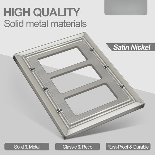 3-Gang Decorative Brushed Nickel Light Switch and Outlet Cover Plates - Heavy-Duty Metal Construction, Easy Screw-In Installation, Modern Minimalist Design with Rounded Corners & Edges, Glossy for Home, Office, Hotel