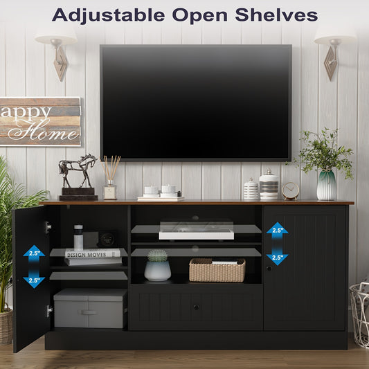 63" Farmhouse TV Stand For TVs Up To 70 Inches - Modern Media Console With Storage Drawer, Adjustable Shelves & Shaker Doors, Entertainment Center For Living Room Or Bedroom White/Black