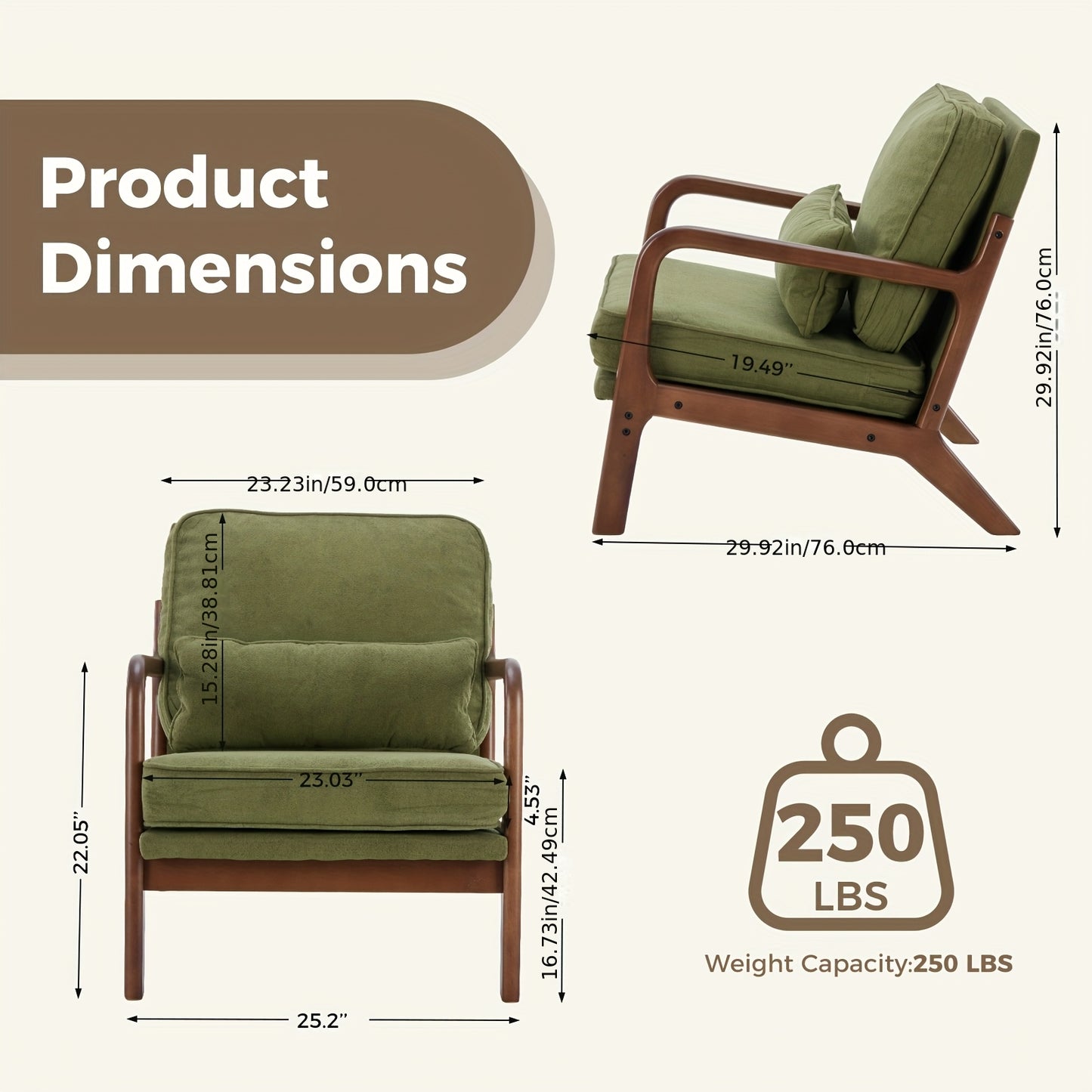 Mid Century Modern Accent Chair with Arms - Heavy-Duty 300 Weight Capacity Ergonomic Lounge Chair, Solid Wood Frame & Green Upholstery-like Foam Cushion (No Fabric for legs) Living Room, Bedroom, Office