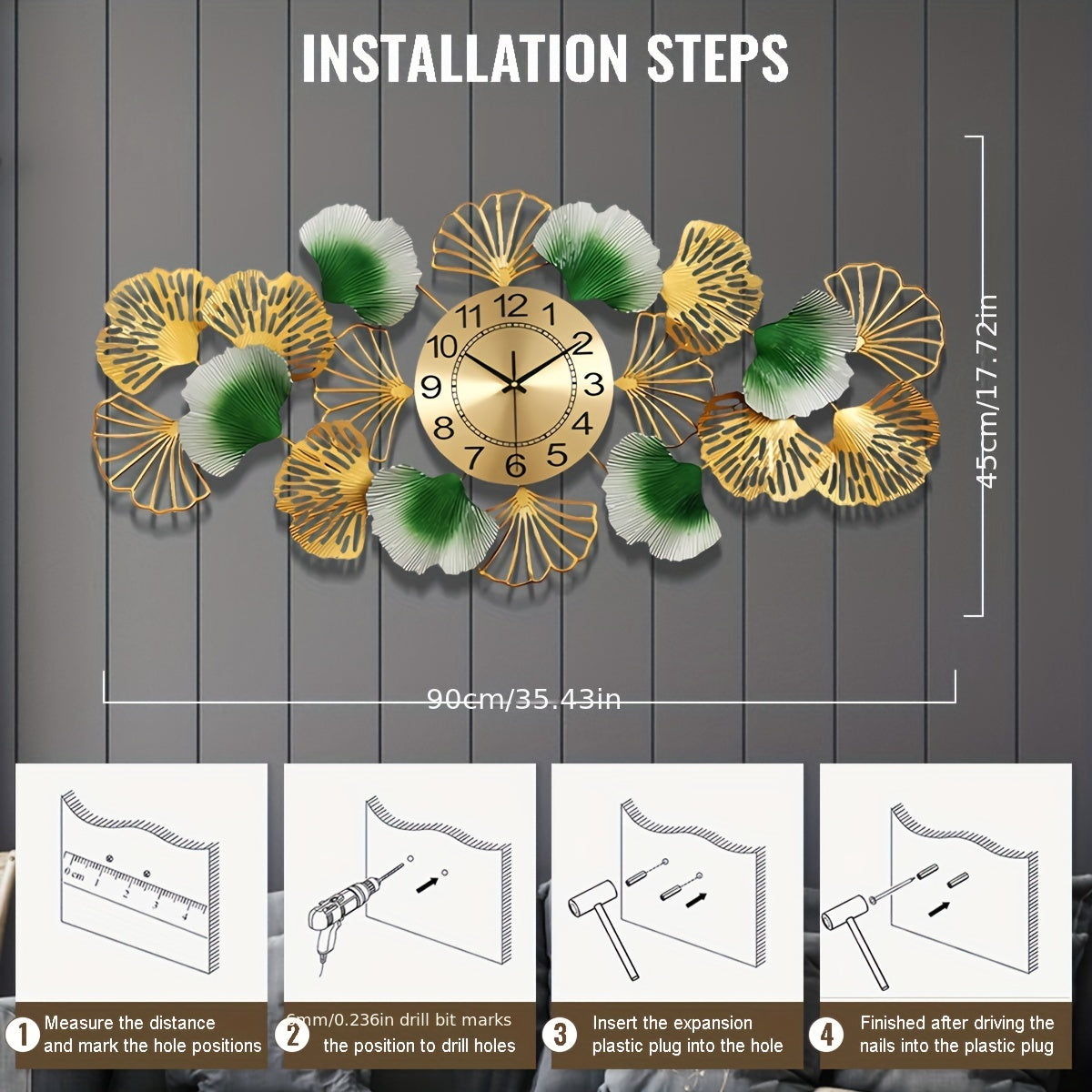 36 Inch Large Wall Clocks For Living Room Decor, Metal Ginkgo Leaf Wall Clock, Silent Non-Ticking Decorative Wall Clocks For Bedroom Kicthen