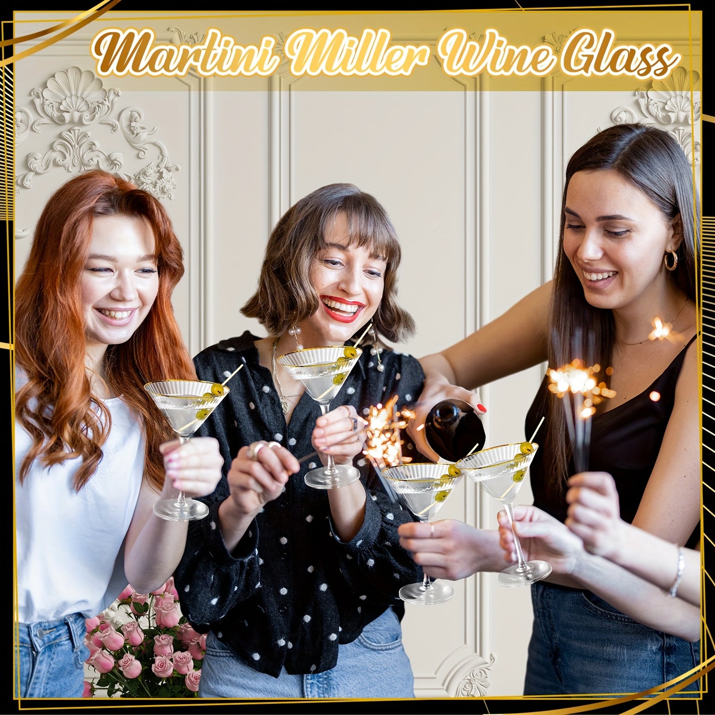 Golden Rim Martini Glasses Set Of 4 Ribbed Coupe Glasses with Stem 9oz Reusable Crystal Champagne Cocktail Margarita Whiskey Tequila Glassware for Girls Nights Wedding Housewarming Gifts