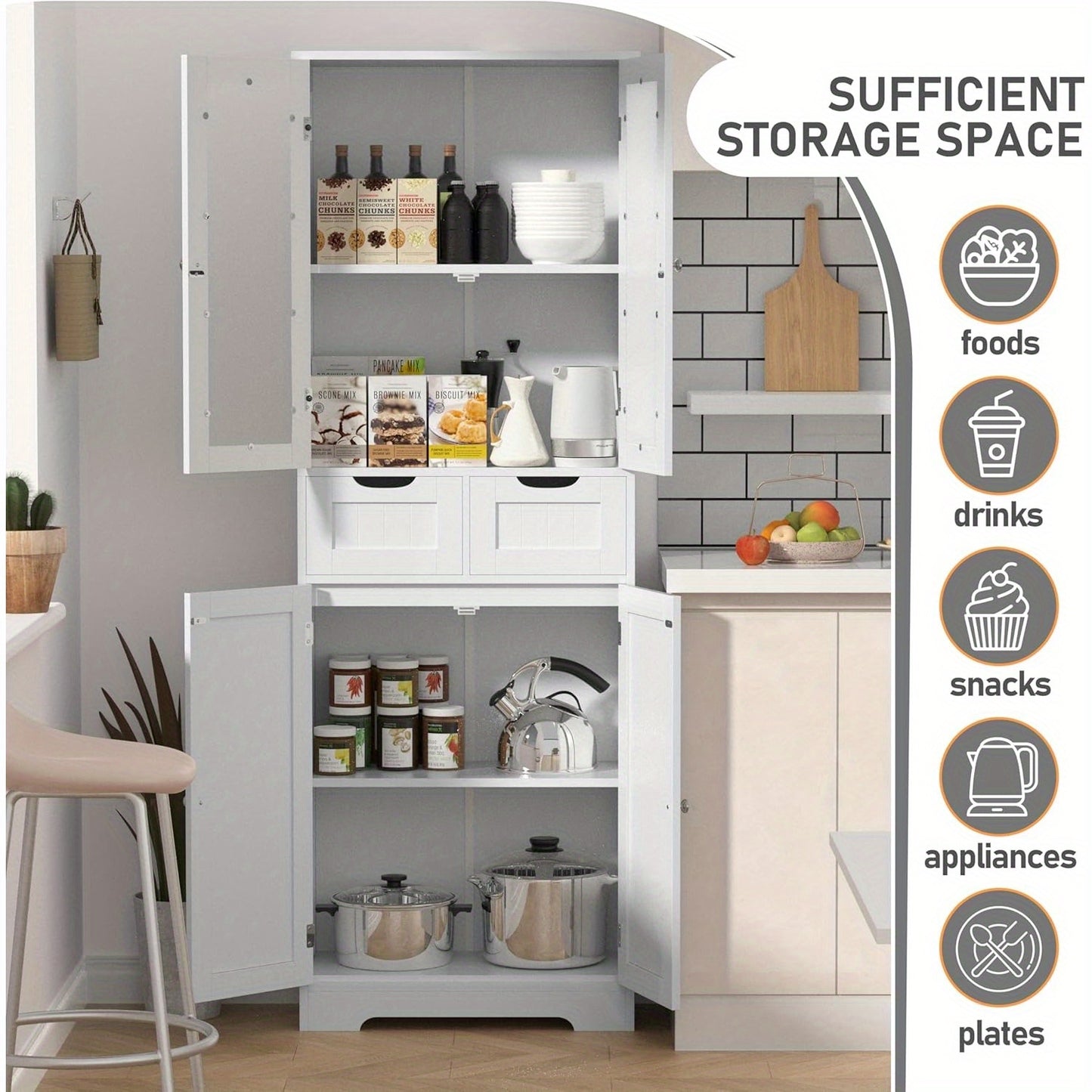 [Freestanding Bathroom Cabinet] 67" Tall Freestanding Bathroom Storage Cabinet with Glass Doors and Shelves | Large Linen Pantry Cabinet with 2 Drawers for Living Room, Kitchen, Dining Room, Office
