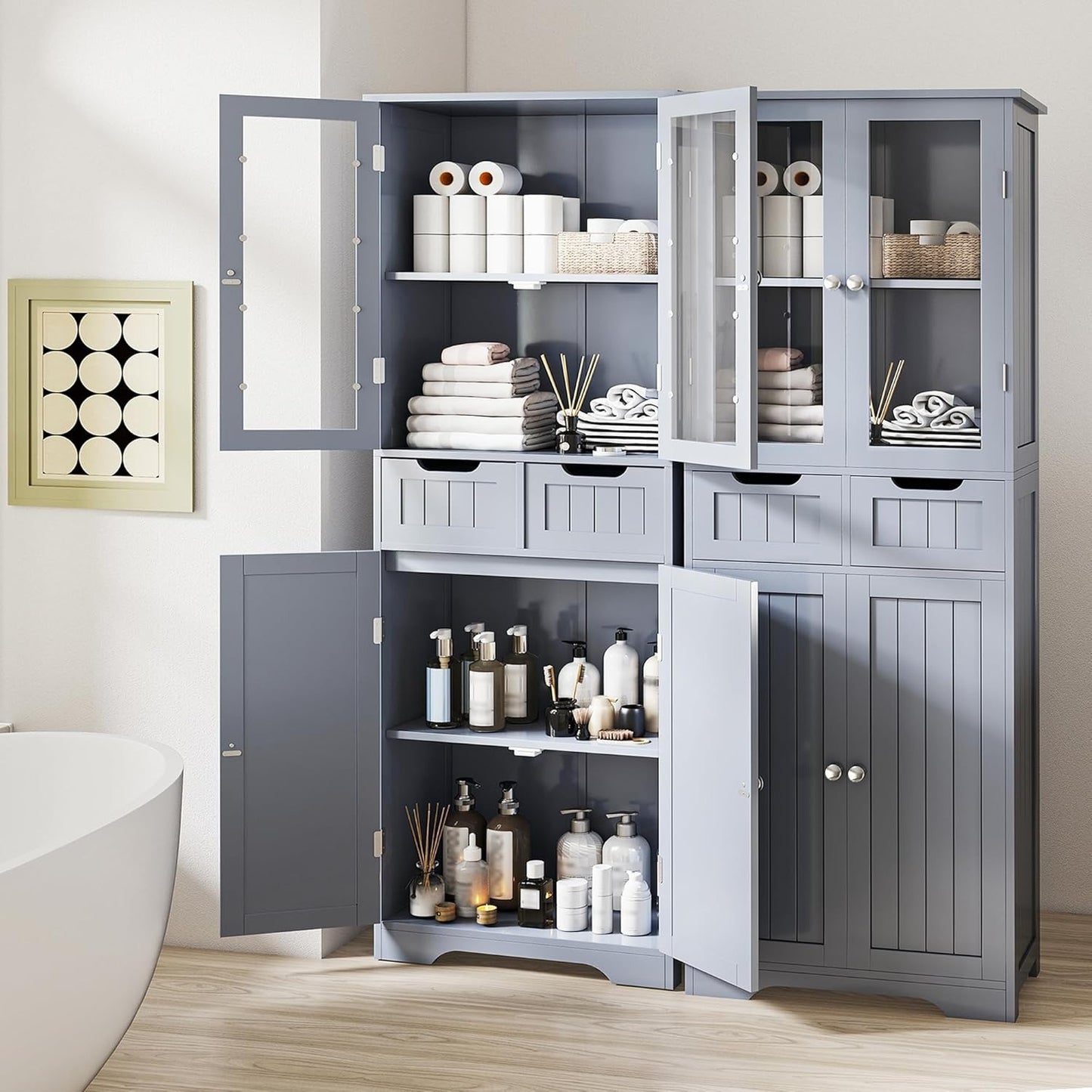 [Freestanding Bathroom Cabinet] 67" Tall Freestanding Bathroom Storage Cabinet with Glass Doors and Shelves | Large Linen Pantry Cabinet with 2 Drawers for Living Room, Kitchen, Dining Room, Office