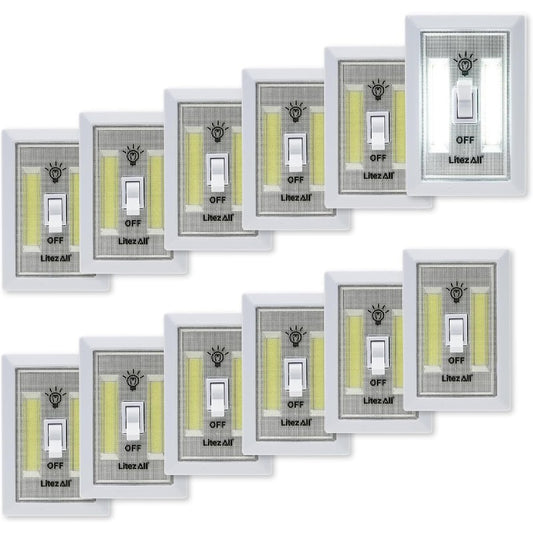 LitezAll COB LED Light Switch Night Light 12-Pack 200 Lumen Wireless Battery Operated Wall Lights Stick-On Switch Lights for Closets Cabinets Hallways Garage Gifts for Men Batteries Included