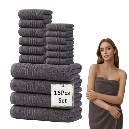 16pcs Bath Towels Set, 6 Washcloths + 6 Hand Towels + 4 Bath Towels, 550GSM, Solid Color, Cotton Towels, Multiple Colors, Absorbent, Quick-drying, Soft And Comfortable, Bathroom Supplies, Towels For Bathroom, Shower And Hotel