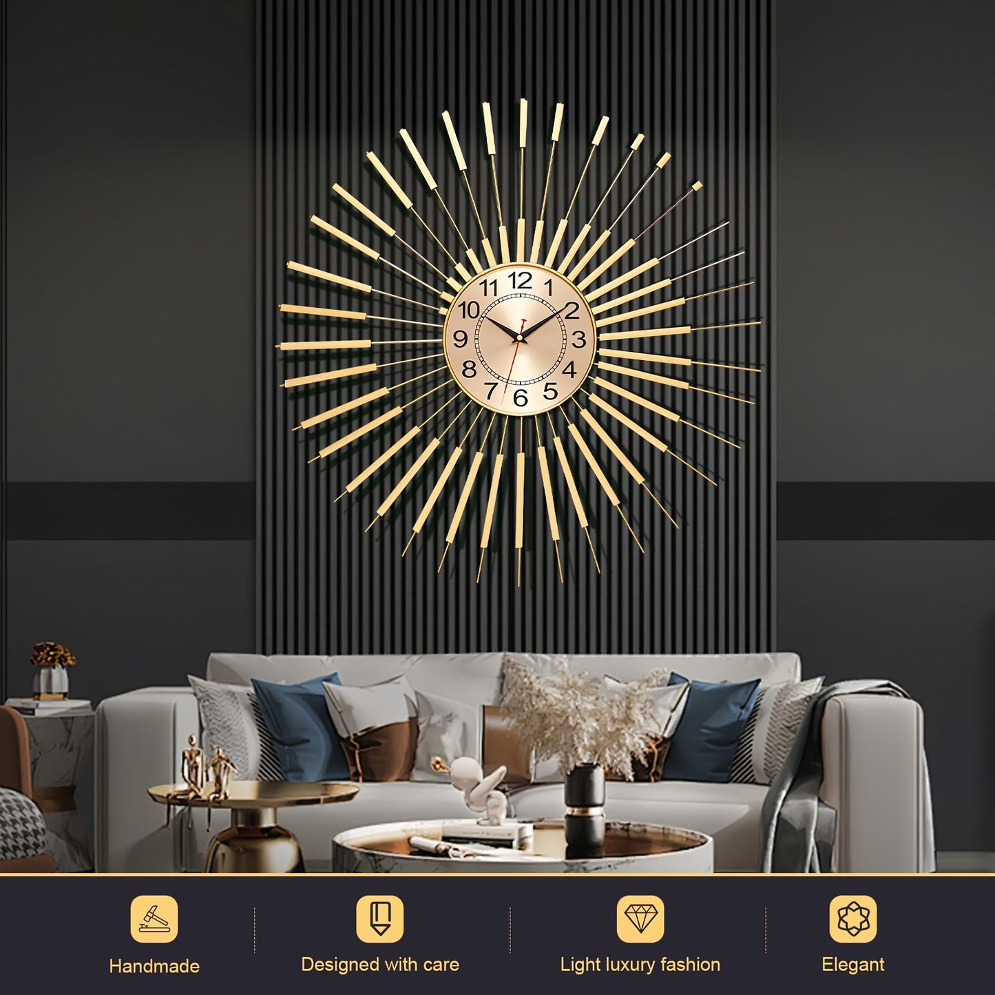 24 Inch Large Starburst Decorative Wall Clock for Living Room Non-Ticking Golden Big Modern Metal Round Wall Clocks for Kitchen, Dining Room, Office, Kitchen Clock, Contemporary Clock, Stylish Timepiece, Silent Movement, Sile