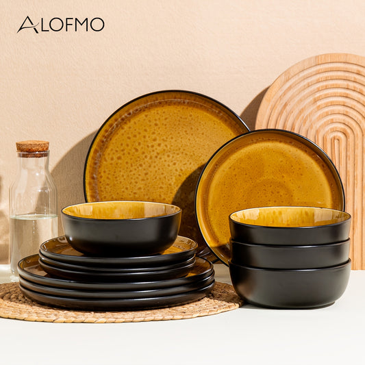 ALOFMO 12pcs Modern Flat Wave Reactive Glaze Ceramic Dinnerware Set - Golden-Toned Stoneware Plates, Salad Plates & Bowls, Anti-Slip Scratch-Resistant, Microwave & Dishwasher Safe, Elegant Tableware for 4-Person Dinner Partie