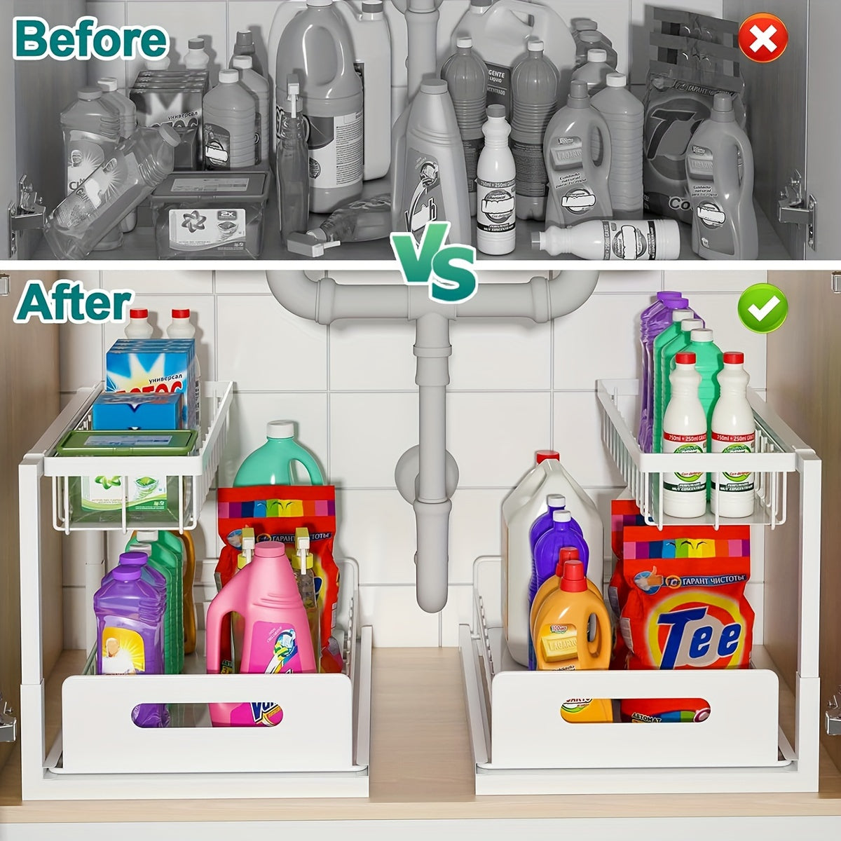 2 Pack L-Shaped Under Sink Organizer, 2 Tier Slide Out Sink Shelf Cabinet Storage Shelves, Under Sink Storage For Kitchen Bathroom Cabinet, Pull Out Cabinet Organizer, Height-adjust Design, Space Saver & Time Saver