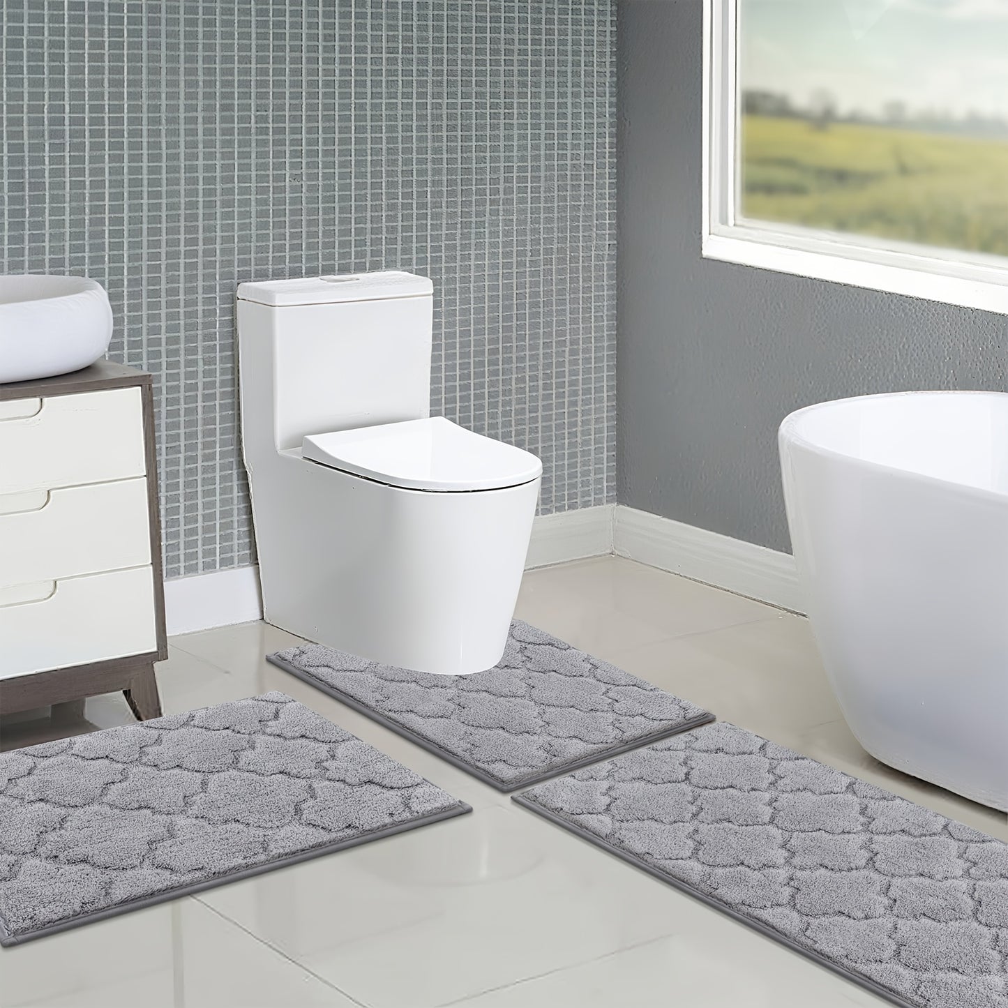 Microfiber Bath Mat Non Slip Shaggy Bathroom Rug Set 3pcs Bathroom Mat Set Super Absorbent Bath Mats for Bathroom Washable Quick-Dry Bathroom Rugs for Floor, Tub And Shower, Home Decor