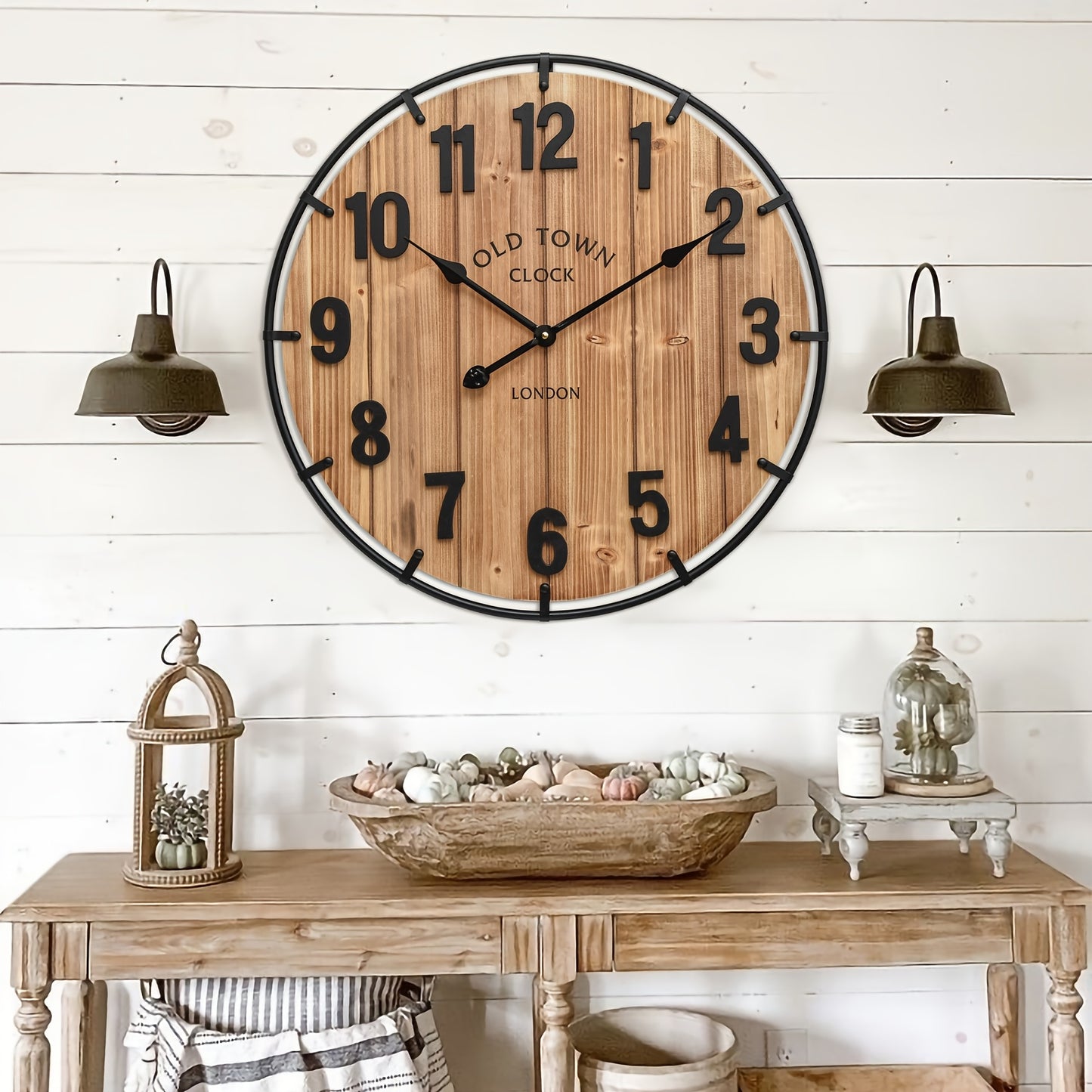 1pc Large 24 Inch Rustic Antique Wood Wall Clock with Metal Circle & Large Numerals - Silent Battery Operated, Farmhouse Decor for Living Room, Kitchen, Bedroom, Office, Clock for Living Room, Bedroom Timepiece, Old Town Desi