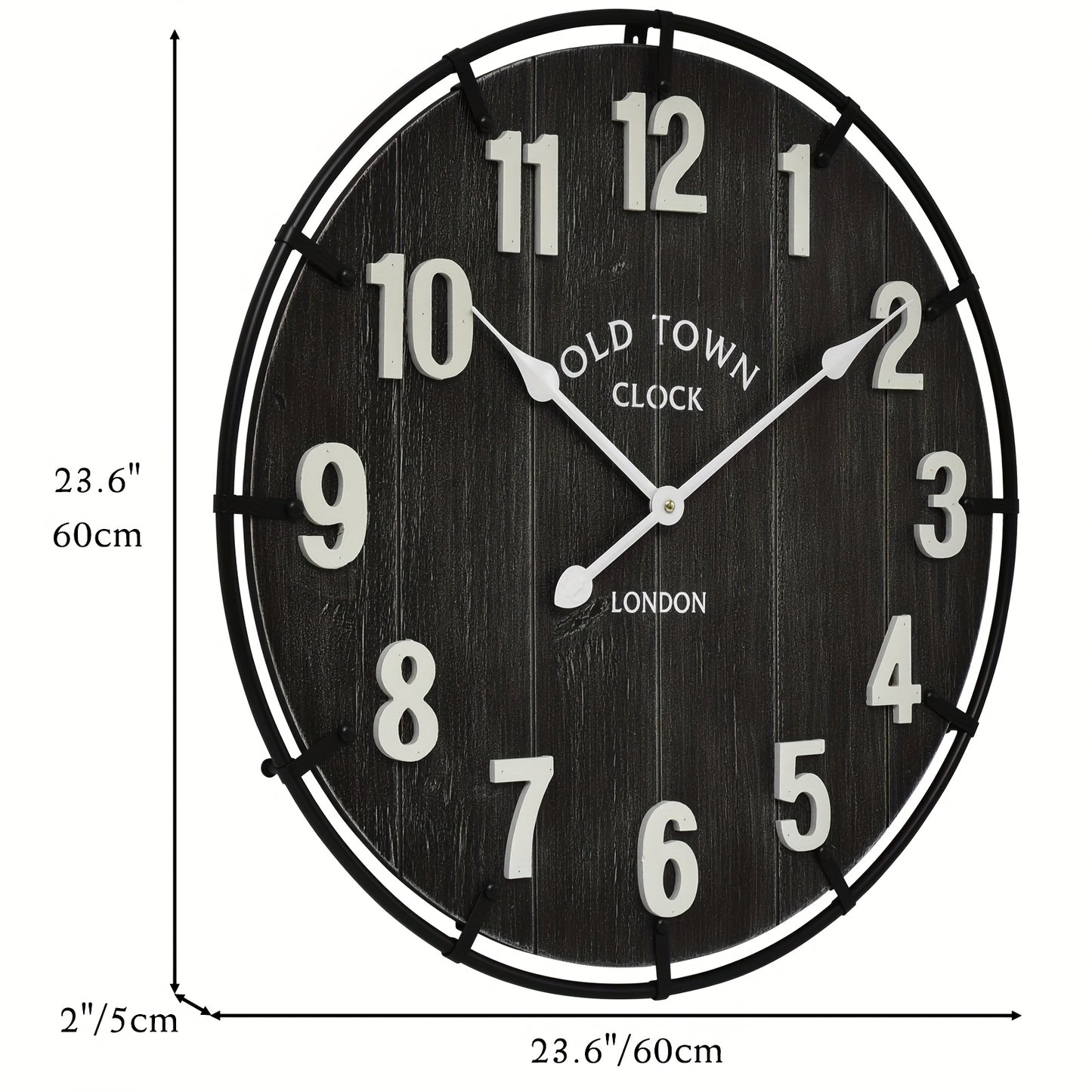 Large Farmhouse Wall Clock – 24 Inches Old Town Rustic Antique Wood With Metal Circle And Large Numerals, Silent Battery Operated Clock For Office, Kitchen, Bedroom, Living Room