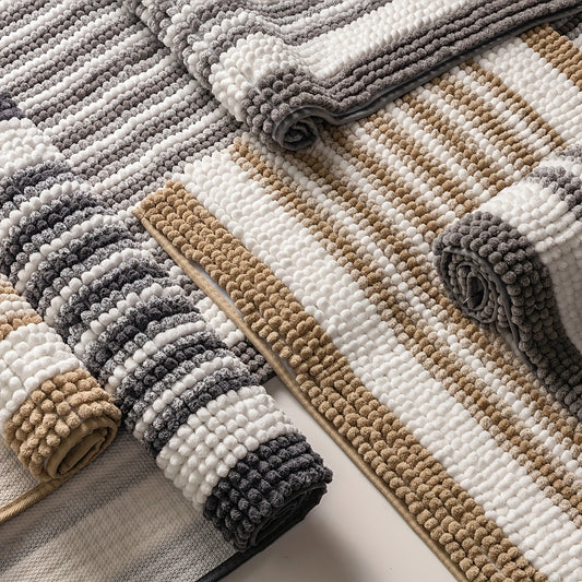 1-Pack Ultra Soft Chenille Bathroom Rug, Non-Slip Quick-Dry Bath Mat with TPR Backing, Modern Striped Design Grey/White/Beige, 24x60 Inch Low Pile Machine Washable Polyester Rug for Bathroom Safety & Style