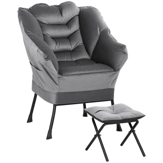 Modern Lazy Chair with Ottoman, Fabric Lounge Accent Chair, Leisure Sofa Armchair with Armrests, Side Pockets, Upholstered Reading Chair and Footstool Set for Living Room, Bedroom, Gray