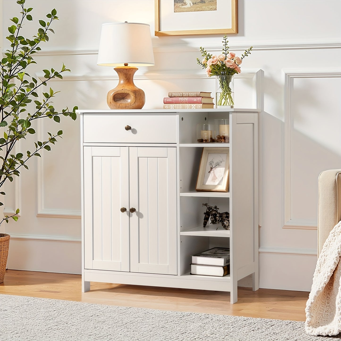 Double-Door Bathroom Cabinet with 2, Adjustable Panels, 1 Drawer and 3 Side Shelves, White