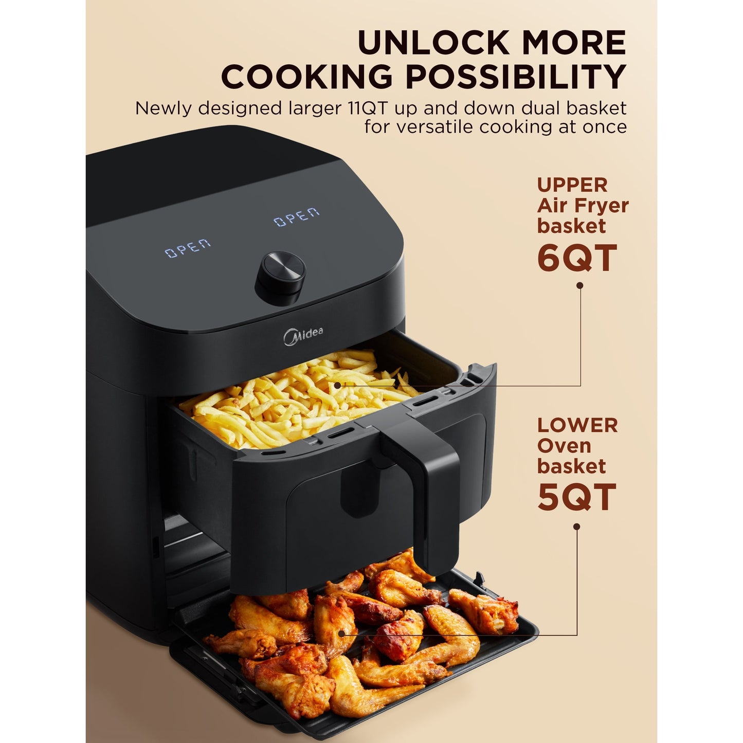 Midea Dual Basket Air Fryer Oven 11 Quart 8 in 1 Functions, Clear Window, Smart Sync Finish, Works with Alexa, Wi-Fi Connectivity, 50+ App Recipes for family meals, Bake, Roast, Grill, Broil, Toast