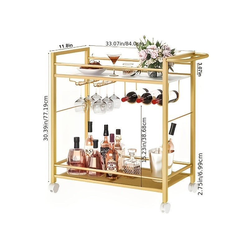 Modern Push Cart with Storage Shelves, Two-Tier Rolling Serving Cart with Wheels, Wine Rack and Glass Holders for Kitchen, Living Room, Dining Room, Lab Use - Golden, Bar Serving Station|Stylish Shelving Unit|Metal Frame Cart