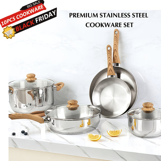 10pcs Stainless Steel Cookware Set with Kitchen Accessories - Induction Compatible, 304 Stainless Steel Pots and Pans for All Cooktops, Includes Frying Pans, Saucepans, and Lids, Perfect for Cooking and Baking, Kitchen Essent