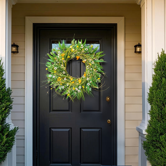 1pc 24 Inch Spring Summer Front Door Wreath, Daisy Yellow Green Wildflower Wreath, Suitable for Farmhouse, Indoor, Front Door, Wall, Wedding Party Wreath, Mother's Day, Easter Home Decorative Swag
