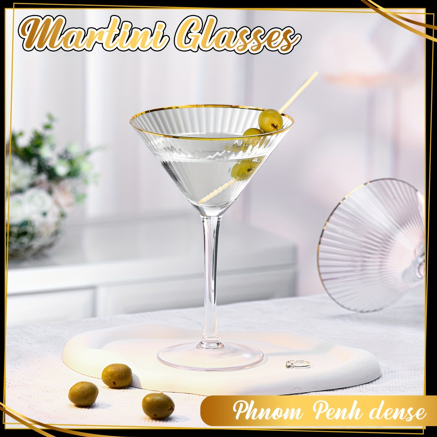Golden Rim Martini Glasses Set Of 4 Ribbed Coupe Glasses with Stem 9oz Reusable Crystal Champagne Cocktail Margarita Whiskey Tequila Glassware for Girls Nights Wedding Housewarming Gifts