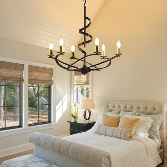 Vintage Swirling Ribbon Shaped Candle Chandelier | Powder Coated Metal Finish, Semi Flush Mount, Hard-Wired, E12 Bulb Base, Suitable for Dining Room, Living Room, Bedroom