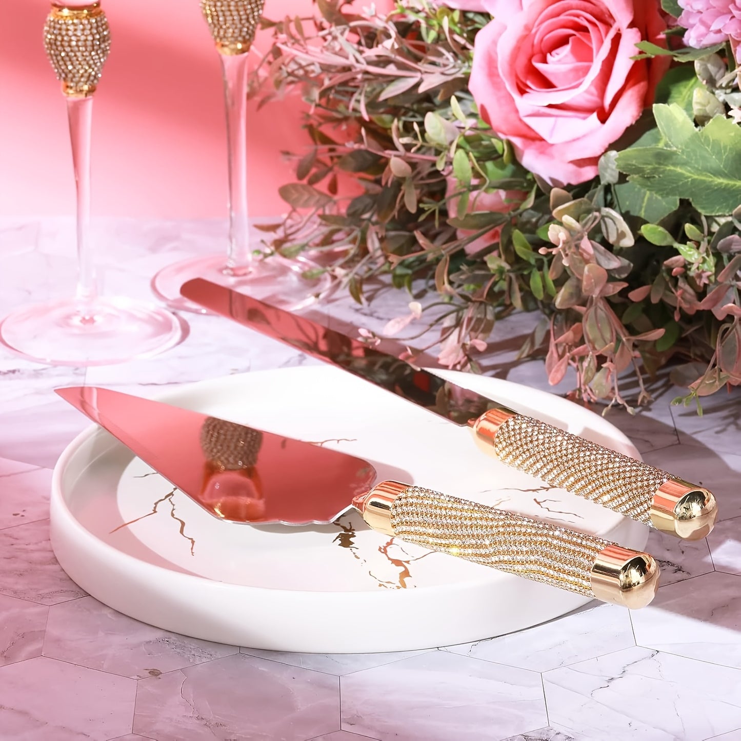 4pcs Wedding Toasting Flutes And Cake Server Set Wedding Reception Supplies Champagne Glasses Cake Knife Pie Server