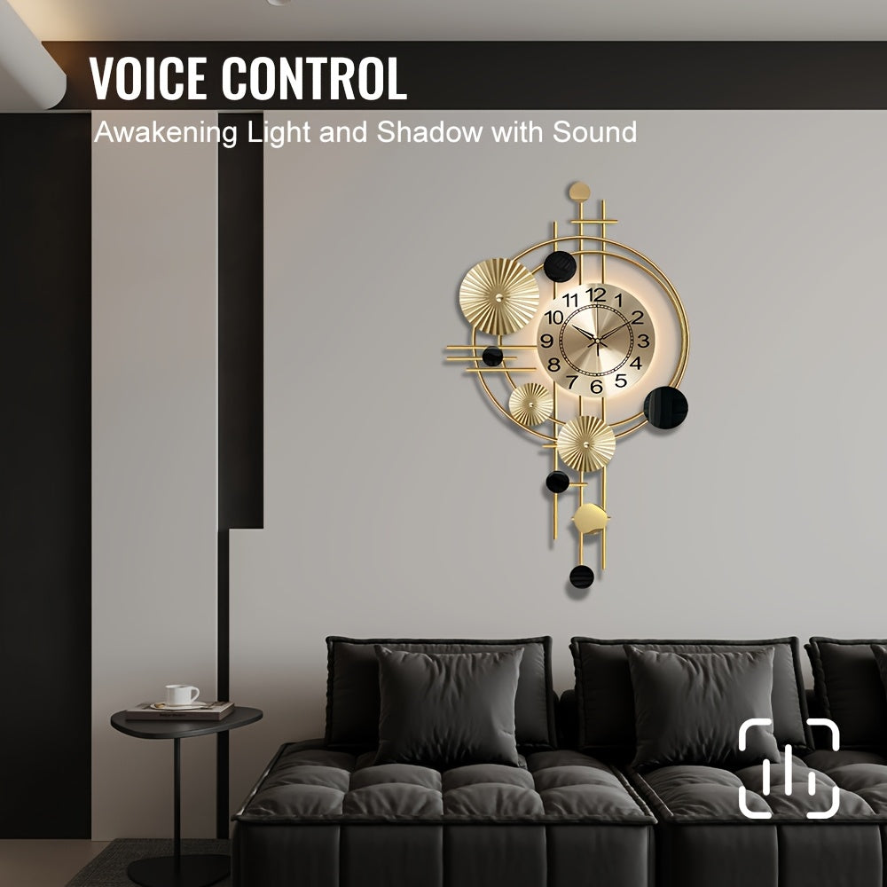 Motion Sensor Backlit Wall Clock For Living Room, Large Metal Golden Wall Clocks 30.7* 17.7 Inch Modern LED Silent Decorative Clock For Bedroom, Kitchen