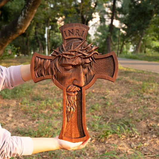1pc Crown of Thorns Jesus Cross Wall Decor, Handmade Wooden Cross, Christian Figure Carving, Handmade Religious High Grade Solid Wood Carving, Wall Mounted Cross, Easter Decoration, Easter Gift, Gift for Men