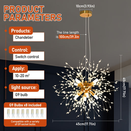 Modern Golden Crystal Chandeliers Firework, 8-Light Dandelion Chandelier, Semi Flush Mount Ceiling Light Fixtures, Ceiling Light Fixtures for Bedroom Foyer Hallway Entryway Kitchen, Contains 8 G9 Bulbs